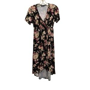 Duetime Maternity Floral Wrap Dress Black Pink V-Neck High-Low Midi Short Sleeve